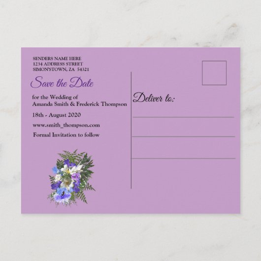 Jacaranda Blooms & Lily Bouquet Save the Date Ankündigungspostkarte (Rückseite)