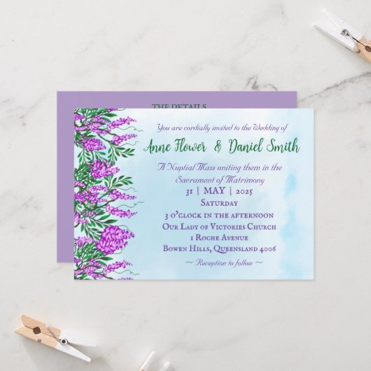Jacaranda Sky Blue Katholic Wedding Einladung (Vorderseite/Rückseite Beispiel)