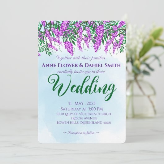 Jacaranda Sky Blue Wedding Einladung (Stehend Vorderseite)