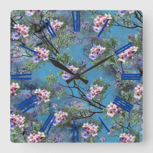 Jacaranda Spring Blooms wiederholen Muster Quadratische Wanduhr