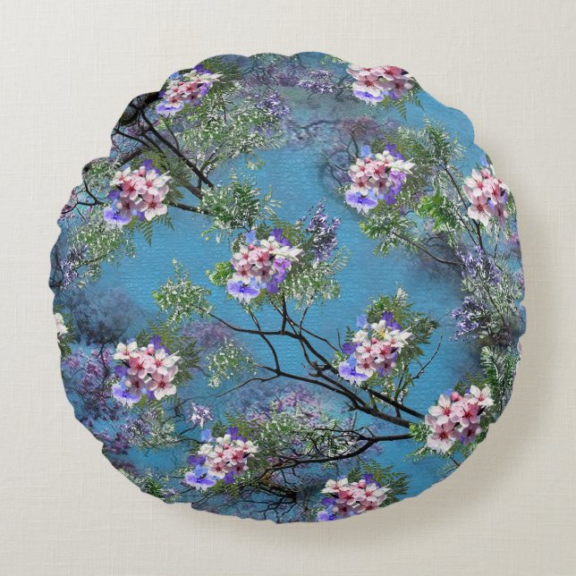 Jacaranda Spring Blooms wiederholen Muster Rundes Kissen (Vorderseite)