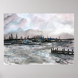 Jachthafensonnenuntergang-Meerblick-Segelboote, Poster