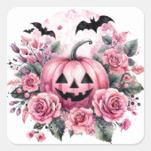 Jack-an-Lantern mit rosa Rosen und Fledermäusen Quadratischer Aufkleber (Vorderseite)