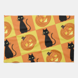 Jack-o’-lantern and cat kitchen towel. geschirrtuch