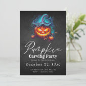 Jack-O' Lantern Black Pumpkin Carving Party Einladung (Stehend Vorderseite)