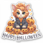 Jack-O-Lantern Cat - "Happy Halloween" Aufkleber (Vorderseite)