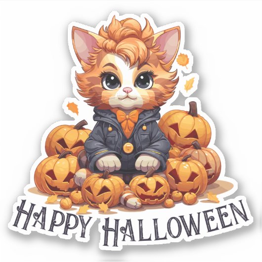Jack-O-Lantern Cat - "Happy Halloween" Aufkleber (Vorderseite)