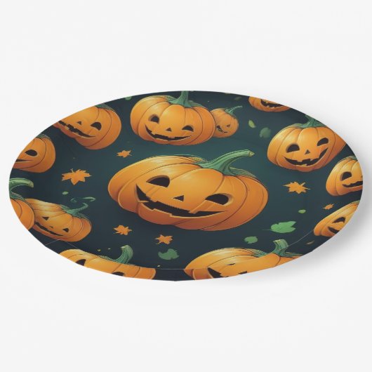 Jack-O-Lantern Delight - Kürbismuster Pappteller (Schrägansicht)
