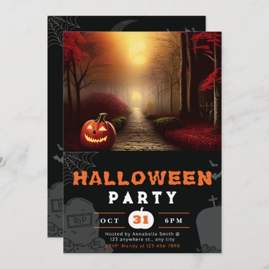 Jack-O' Lantern Forest Path Shadow Black Halloween Einladung (Vorne/Hinten)