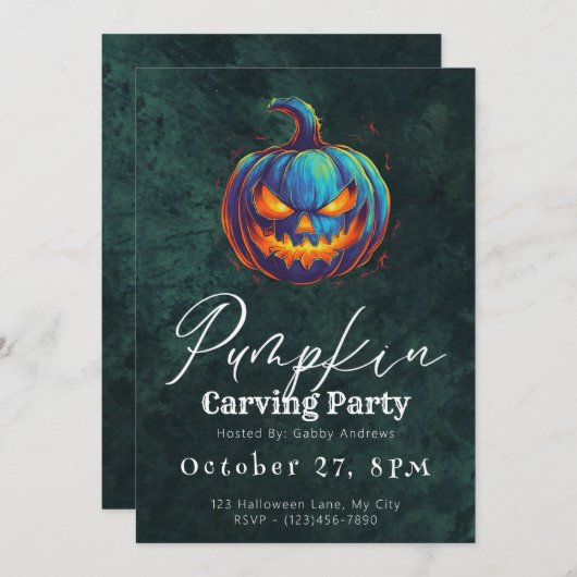 Jack-O' Lantern Green Pumpkin Carving Party Einladung (Vorne/Hinten)