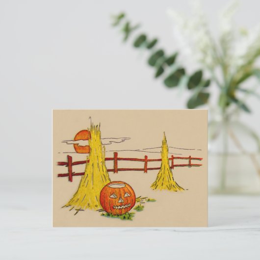 Jack O' Lantern Haystack Vollmondwolken Postkarte (Stehend Vorderseite)