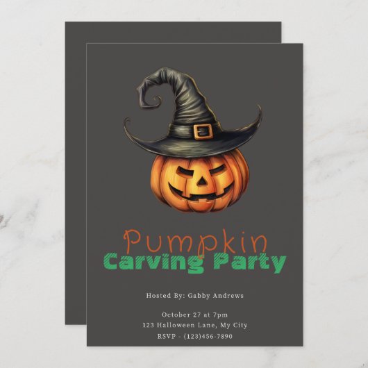 Jack-O' Lantern Hexengrau Pumpkin Carving Party Einladung (Vorne/Hinten)
