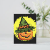 Jack-O-Lantern in Hexenhut Postkarte (Stehend Vorderseite)