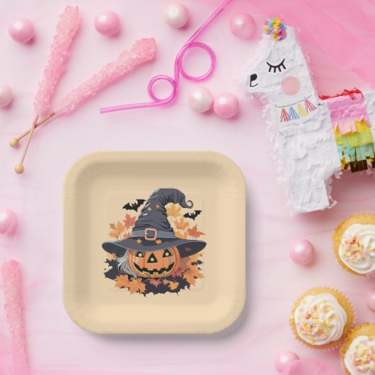 Jack-o-Lantern in Hexenhuttholz Halloween Pappteller (Party)