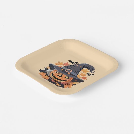 Jack-o-Lantern in Hexenhuttholz Halloween Pappteller (Gewinkelt)