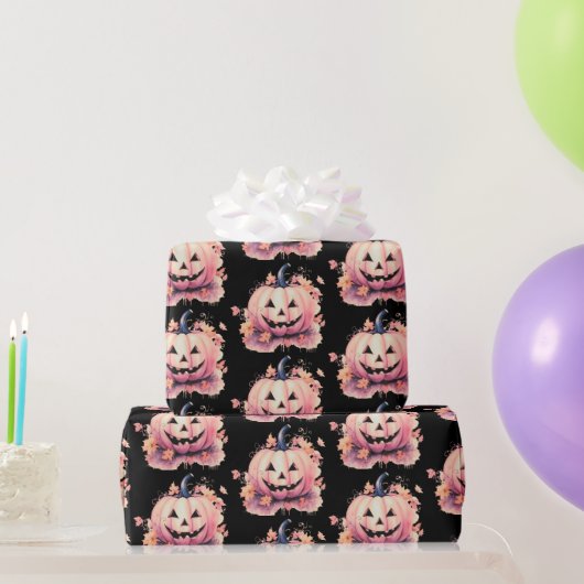 Jack-O' Lantern Orange Blätter Schwarzes Halloween Geschenkpapier (Partygeschenke)