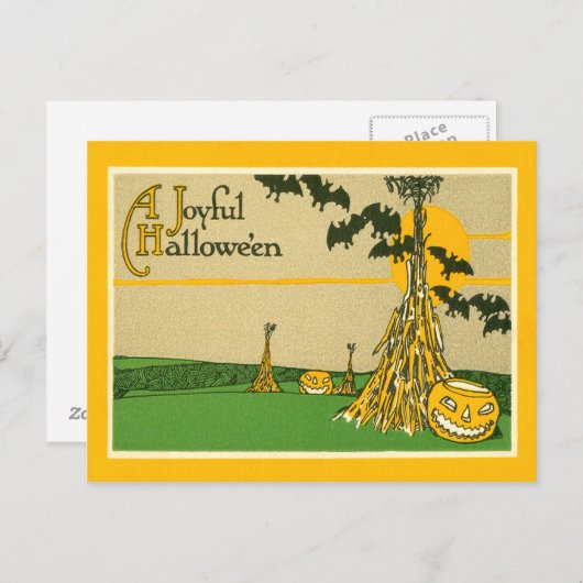 Jack O' Lantern Pumpkin Haystack Bat Postkarte (Vorne/Hinten)