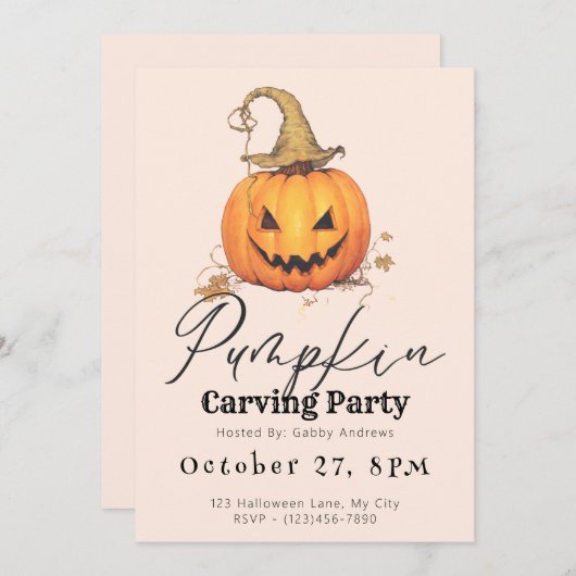 Jack-O' Lantern Rustikales Pumpkin Carving Party Einladung (Vorne/Hinten)