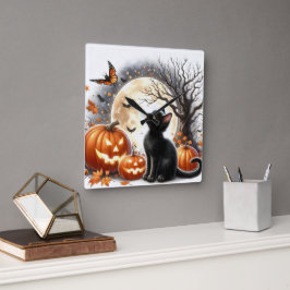 Jack O' Lantern und Schwarze Katze Halloween Wall  Quadratische Wanduhr