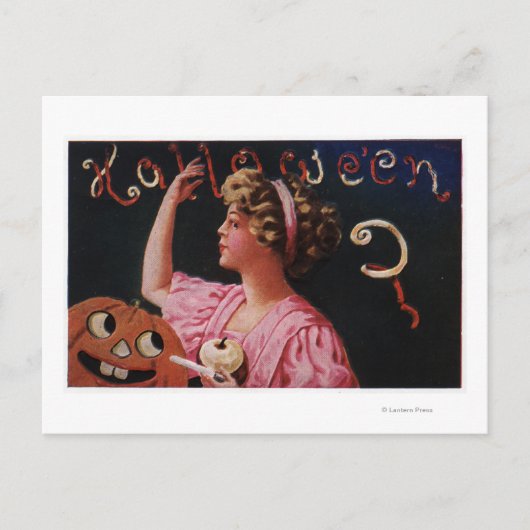 Jack-O-Lantern von Woman Peeling Apple Postkarte (Vorderseite)