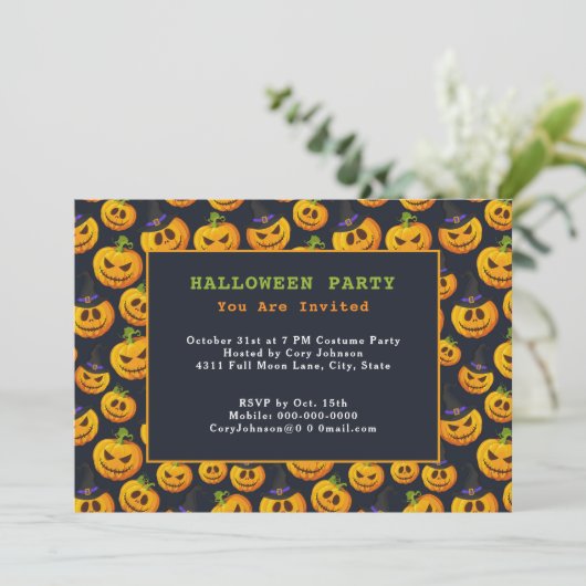Jack o' Lanterns & Ghost Pumpkins Halloween-Party Einladung (Stehend Vorderseite)