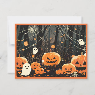 Jack O' Lanterns und Geister im Halloween-Wald Postkarte