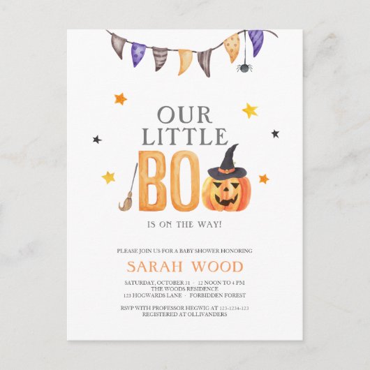 Jack-o-Laterne, Little Boo Baby Dusche Einladung Postkarte (Vorderseite)