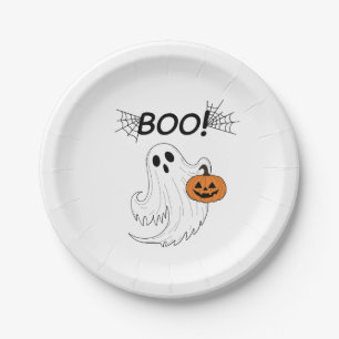Jack-o’-Laterne und ein weißes Ghost-Boom Hallowee Pappteller