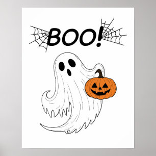 Jack-o’-Laterne und ein weißes Ghost-Boom Hallowee Poster