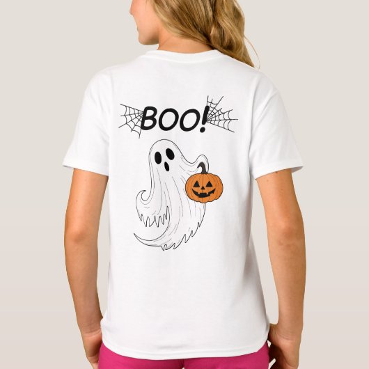 Jack-o’-Laterne und ein weißes Ghost-Boom Hallowee T-Shirt (Rückseite)