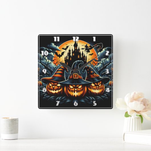 Jack-o'-Laternen leuchten unter Mondlicht Quadratische Wanduhr (Zuhause)