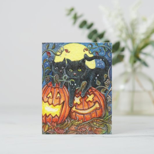 Jack-O'-Lattern und Schwarze Katzen Postkarte (Stehend Vorderseite)