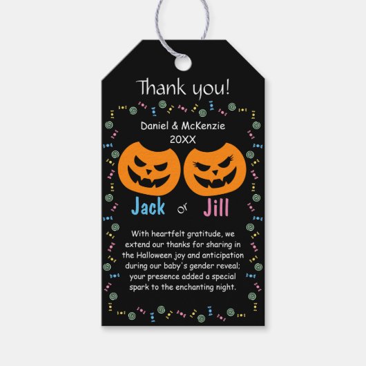 Jack oder Jill O-Lantern Gender Reveal Vielen Dank Geschenkanhänger (Vorderseite)