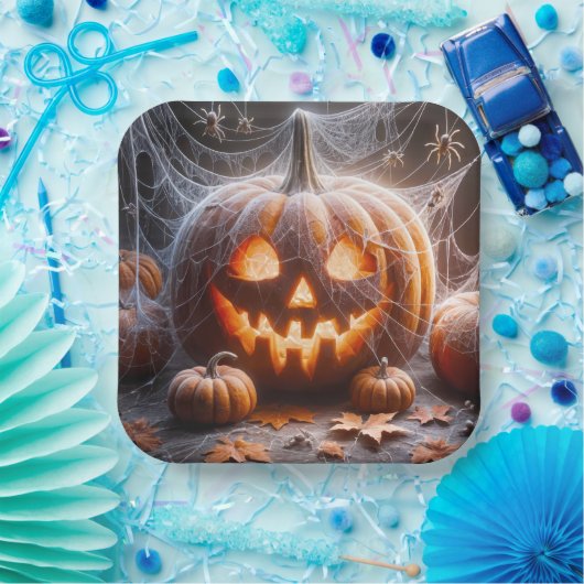 Jack-oder-Lantern mit Spinnennetzen Pappteller (Party)