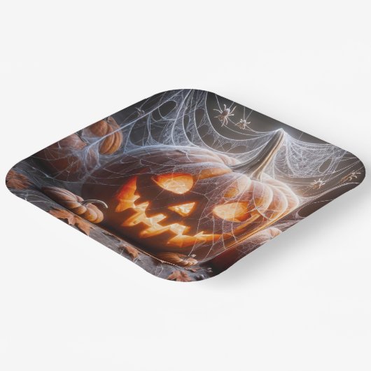 Jack-oder-Lantern mit Spinnennetzen Pappteller (Gewinkelt)