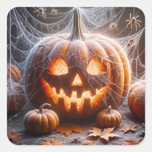 Jack-oder-Lantern mit Spinnennetzen Quadratischer Aufkleber (Vorderseite)