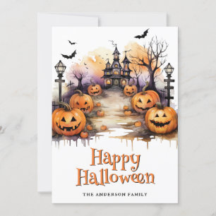 Jack O'Lanterns Bats Ghosts Happy Halloween Card Feiertagskarte