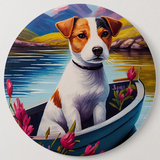 Jack Russell auf einem Paddel: Ein landschaftliche Button (Vorderseite)