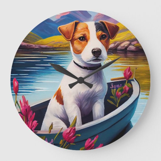 Jack Russell auf einem Paddle: Ein Landschaftliche Große Wanduhr (Vorderseite)