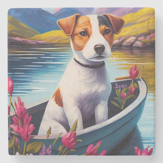 Jack Russell auf einem Paddle: Ein Landschaftliche Steinuntersetzer (Vorderseite)
