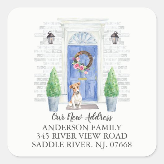 Jack Russell Blue Door New Address Label Quadratischer Aufkleber (Vorderseite)