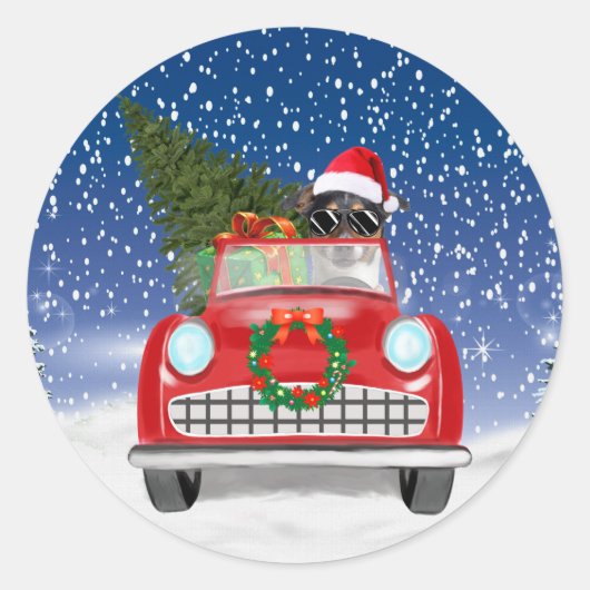 Jack Russell Dog Autofahren Auto im Schnee Weihnac Runder Aufkleber (Vorderseite)