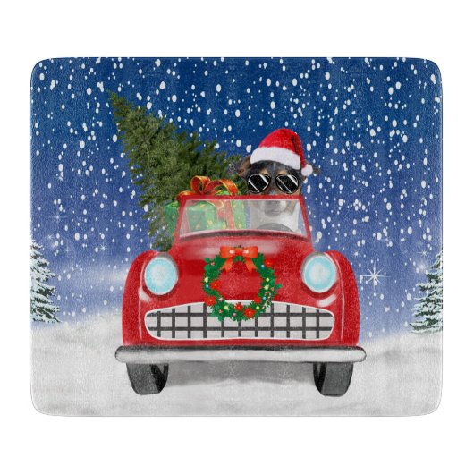 Jack Russell Dog Autofahren Auto im Schnee Weihnac Schneidebrett (Vorderseite)