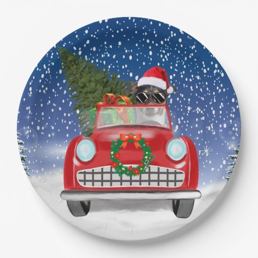 Jack Russell Dog Driving Car In Snow Christmas Pappteller (Vorderseite)