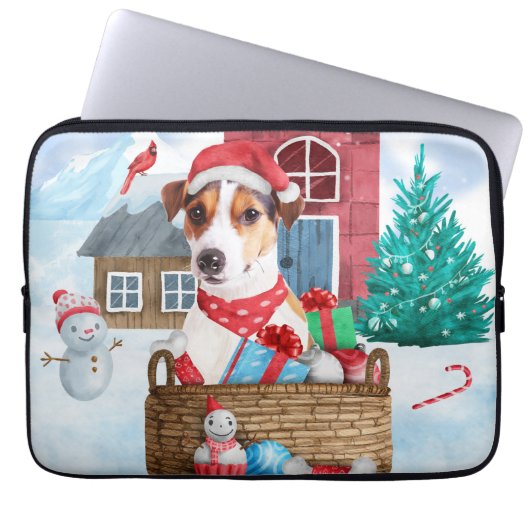 Jack Russell Dog Im Schnee Weihnachtshund Haus Laptopschutzhülle (Vorderseite)
