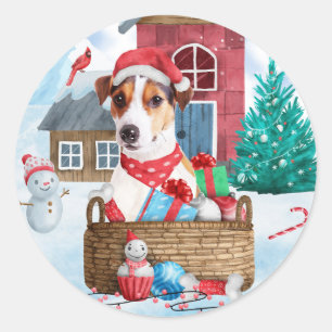 Jack Russell Dog Im Schnee Weihnachtshund Haus Runder Aufkleber
