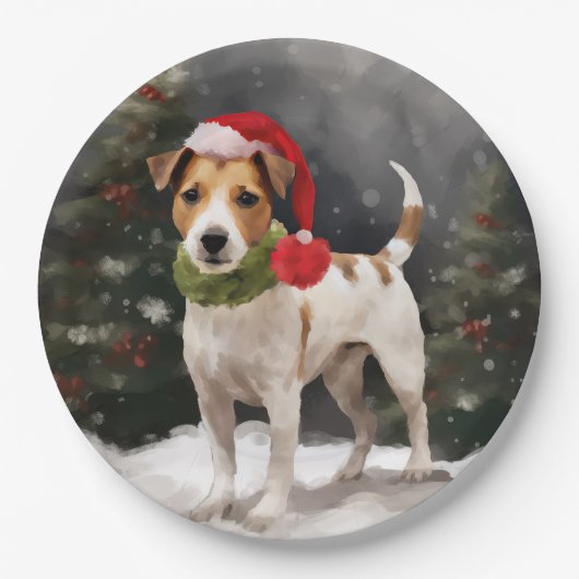 Jack Russell Dog in Schnee Weihnachten Pappteller (Vorderseite)