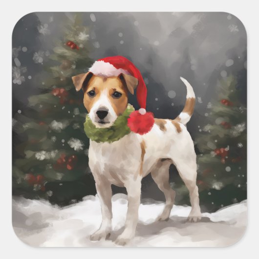 Jack Russell Dog in Schnee Weihnachten Quadratischer Aufkleber (Vorderseite)