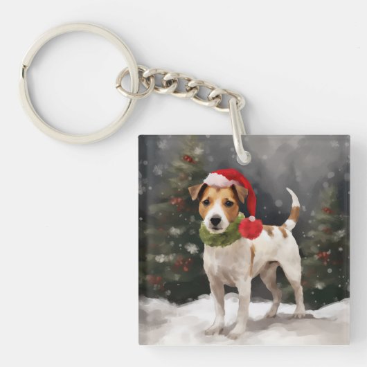 Jack Russell Dog in Schnee Weihnachten Schlüsselanhänger (Vorderseite)