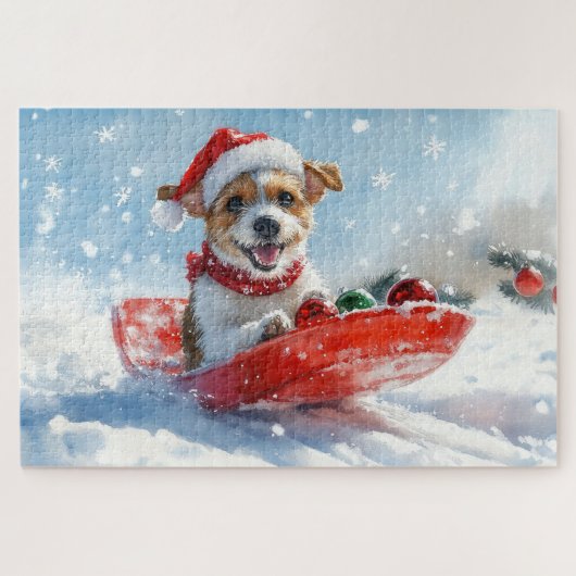 Jack Russell Dog in Sledge Let it Schnee Weihnacht Puzzle (Horizontal)
